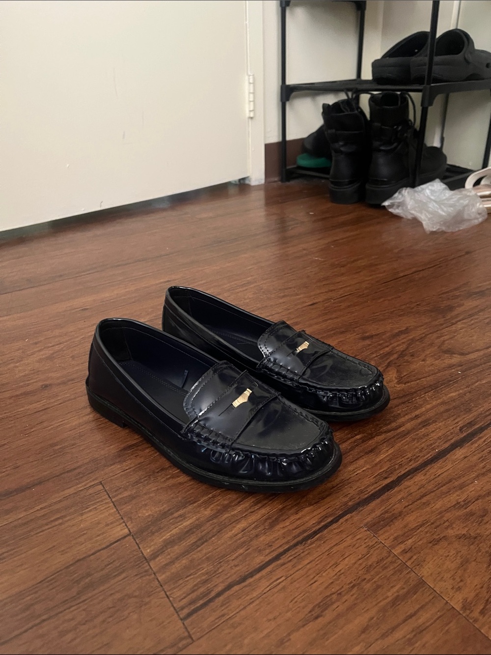 Zara Black Leather Loafers with Gold Accent